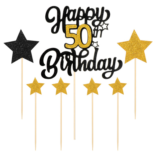 Happy 50th Birthday Cake Topper 50th Happy Birthday Cake Topper Black Gold Glitter Cheers to 50 Years Birthday Cake Pick 50th Anniversary Cake Topper for Birthday Party