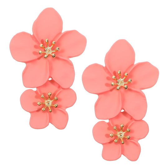 Double Flower Earrings 3D Floral Pink Flower Earrings Boho Floral Drop Dangle Earring for Women Holiday Wedding Prom Party Earring