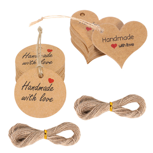 200pcs Handmade Gift Tags Heart-Shaped and Round Mini Gift Paper Tags with 66 ft String Brown Gifts Labels with Natural Jute Twin Natural Jute Twin Home Made Crafts Wedding Favors Birthday Party Gifts