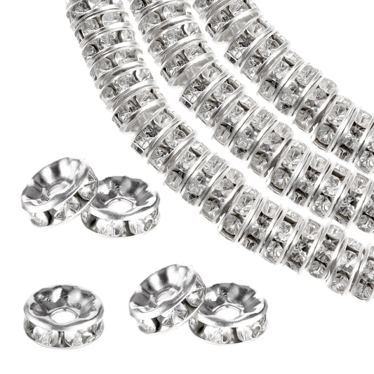 Rondelle Spacer Beads for Jewelry Making, 200 Pieces 8mm Silver Ring Spacer Beads Crystal Rhinestone Loose Jewelry Bead for Necklaces, Bracelets, Earrings, DIY Crafts Making Supplies