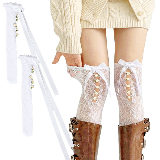 SynHHergyx Lace Knee High Socks with Ribbon Bowknot and Rose Decorations, Cute White Knee High Stockings Sheer Mesh Lace Highs Tube Stockings White Fishnet Socks for Women