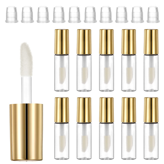 10Pcs Empty Lip Gloss Tubes 1.2ml Gold Lipstick Containers Round Lipgloss Tubes Clear Mini Refillable Lip Balm Bottles Big Brush Lips Gloss Tube Cosmetic Bottles for Samples Lips Balms Travel Split