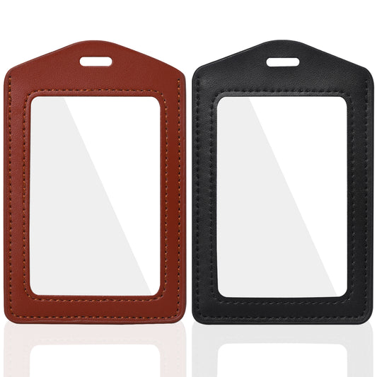 2 Pack Genuine Leather ID Badge Holders, Vertical ID Card Holders with Dual-Side Clear Window, Waterproof Name Badge Holde Suit for Office, Staff, Students, Employees