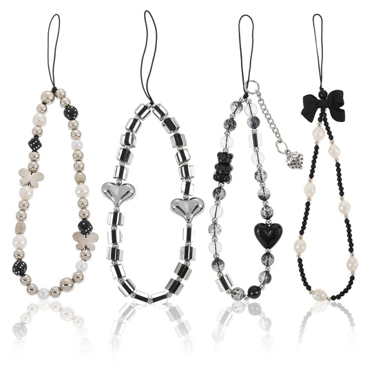 Crystal Beaded Phone Charms Cute Black Phone Lanyard Wrist Strap Beaded Phone Strap Aesthetic Cell Phone Keychain Bracelet Strap Stationery Decoration Charm for Camera Key Purse Women Phone Case