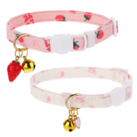 2 Pcs Safety Adjustable Cat Collars, Cotton Breakaway Cat Collar Set Strawberries and Heart Shaped Pendant Kitten Collar Cute Cat Collar with Bell Quick Release with Removeable Bell