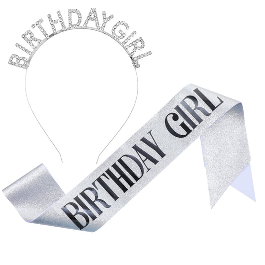 Birthday Crown for Women with Sash Silver Birthday Sash & Tiara Glitter Crown Rhinestone Headband