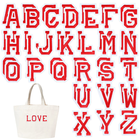 Iron on Letters for Clothes, 52 Pcs Iron on Letter Patches Alphabet A-Z Embroidered Patches with Ironed Adhesive Decorative Fabric Letters Patch for Jackets, Coats, Hats, Bags, Jeans, Backpack (Red)