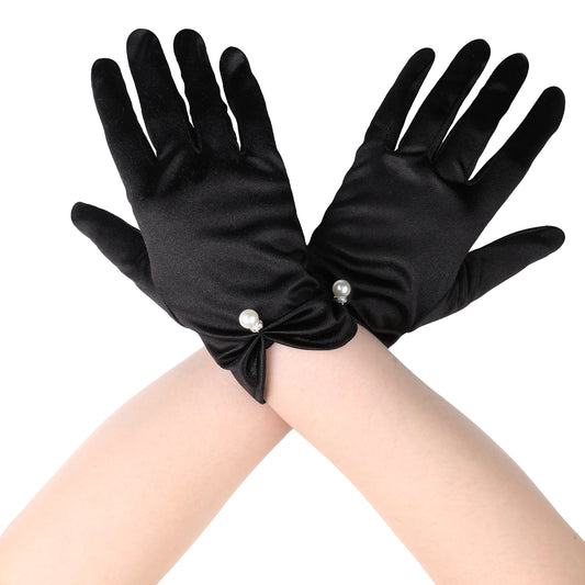 Short Satin Gloves for Women, Wrist Length 1920s Gloves Black Satin Pearl Gloves Wedding Bridal Gloves Short Evening Party Dressy Bridal Lace Tulle Gloves Formal Opera Gloves for Tea Party