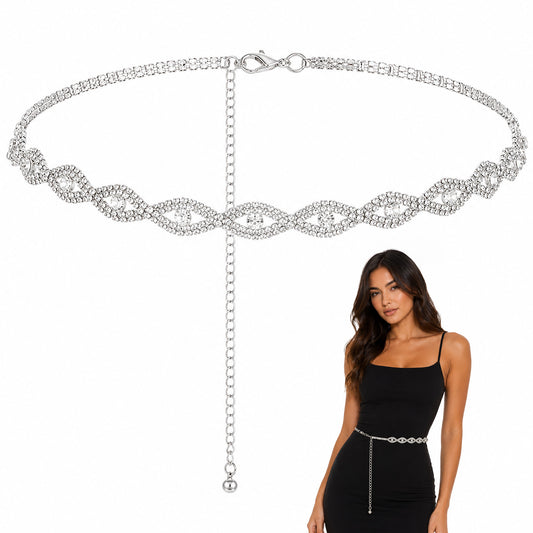 Bruislard Rhinestone Belt for Women, Sparkly Thin Silver Waist Chain Belt Crystal Diamond Belts Adjustable Bridal Thin belts for Dresses Wedding Party