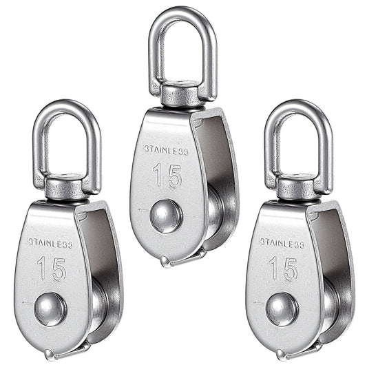 Small Pulley, 3 Pack M15 Cable Pulley, 304 Stainless Steel Pulleyblock, Pulleys for Rope, Heavy Duty Pulleys, Crane Swivel Hook, Hanging Wire Towing Wheel for Pulleysystem, Lifting, Gym Equipment