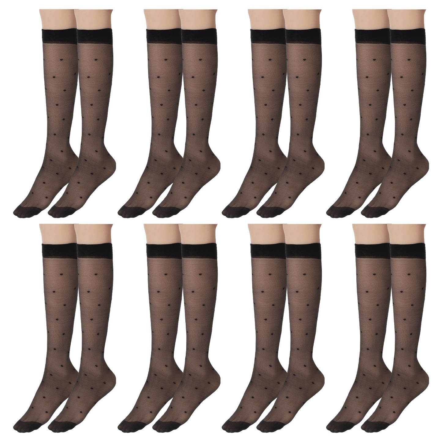 8 Pairs Women's Sheer Knee High Stockings, Dot Knee High Socks, Black Dots Sheer Thin Socks, Black Polka Dot Sock Sheers, Tube Stockings with Anti-slip Dots Design, Stretchy Breathable for Women