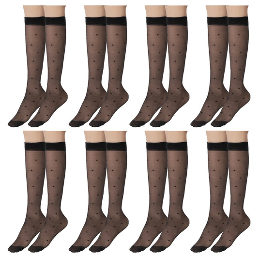 8 Pairs Women's Sheer Knee High Stockings, Dot Knee High Socks, Black Dots Sheer Thin Socks, Black Polka Dot Sock Sheers, Tube Stockings with Anti-slip Dots Design, Stretchy Breathable for Women