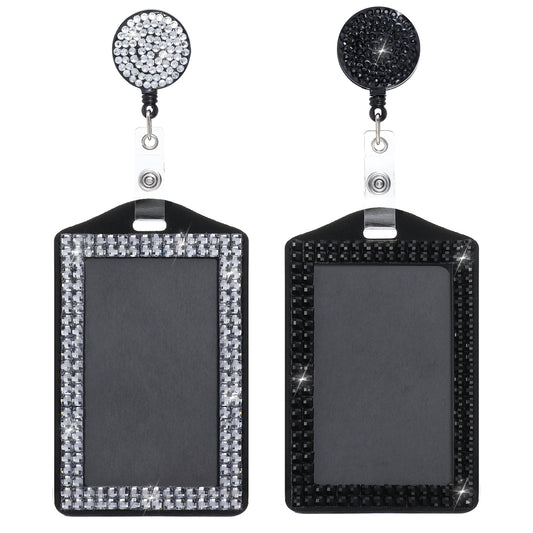 2 Pcs Bling ID Badge Holder, Vertical Badge Holder Retractable Crystal Neck Lanyard Rhinestone Name Badges Portable Rhinestone Work Badges Reel Clip for Office Business Home Black White