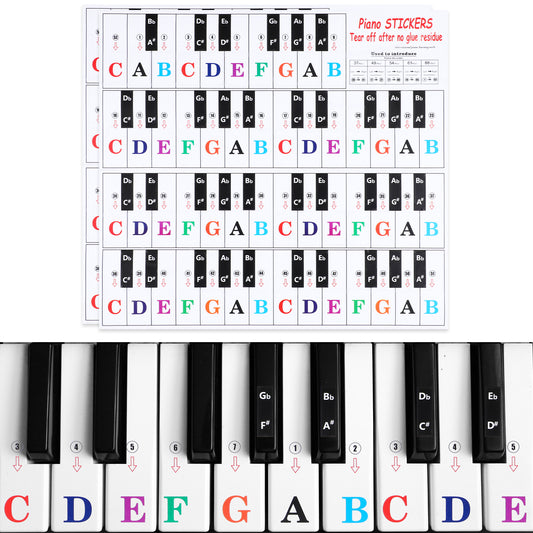 Piano Keyboard Stickers, 2 Pcs Piano Key Stickers for 88/61/54/49 Key, Colorful Transparent Piano Notes Guide Removable Large Letter Piano Stickers for Beginners Kids Learning Piano