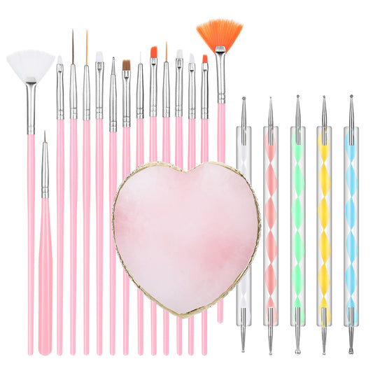 Nail Art Brush 21 Piece Set Nail-Art Design Tools: 15pcs Painting Brushes Set, 5pcs 2-Way Acrylic Silicone Engraving Pen, Resin Nail-Art Palette for Nail Art DIY (Pink)