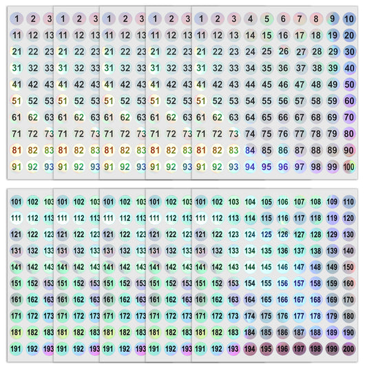 1-200 Consecutive Number Stickers Holographic Vinyl Number Stickers Labels 0.4 Inch Laser Mini Self-Adhesive Number Labels Small Round Removable Numbered Label for Storage Classification