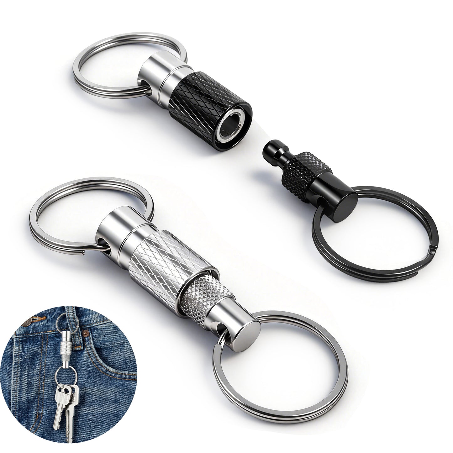 Psiriol 2 Pack Quick Release Keychain for Men, Detachable Key Ring Disconnect Keychain with 2 Split Rings, Heavy Duty Car Key Holder Metal Safety Keychains for Car Purse Bag Accessories