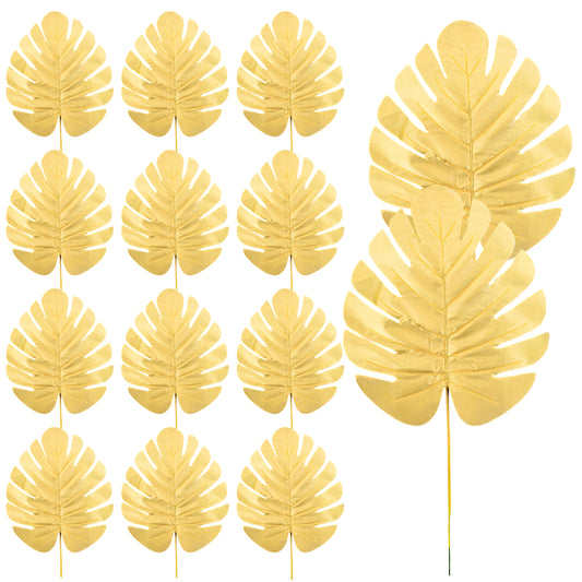 Styquenzer 12Pcs Golden Artificial Palm Leaves, Golden Faux Tropical Monstera Leaves, Realistic Palm Leaves Decor for Hawaiian Banquet Jungle Beach Party Decoration