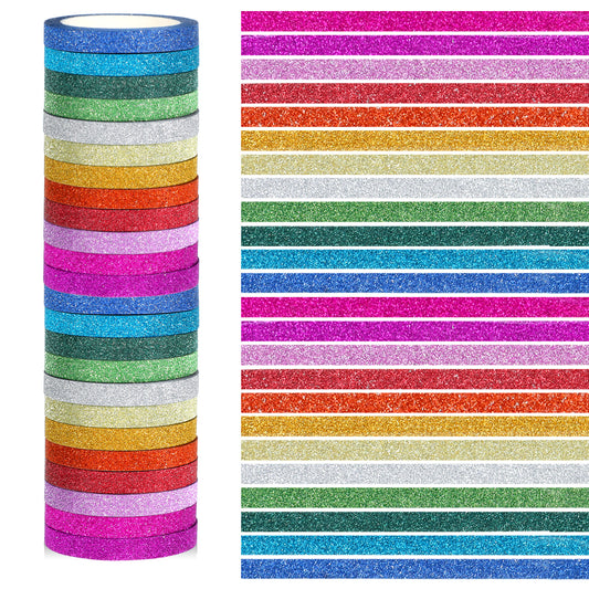 24 Rolls Glitter Washi Tape, 5mm Thin Colored Masking Tape Set Washi Tapes Set Metallic Foil Sparkly Decorative Craft Tapes, Metallic Foil Glitter Decorative Crafttape for Journal DIY Crafts Book