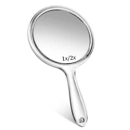 Makeup Hand Mirror, Double-Sided 2X 1x Magnifying Large Travel Handheld Mirror, Handheld Cosmetic Mirror with Handle, Acrylic Clear Finish Round Mirror