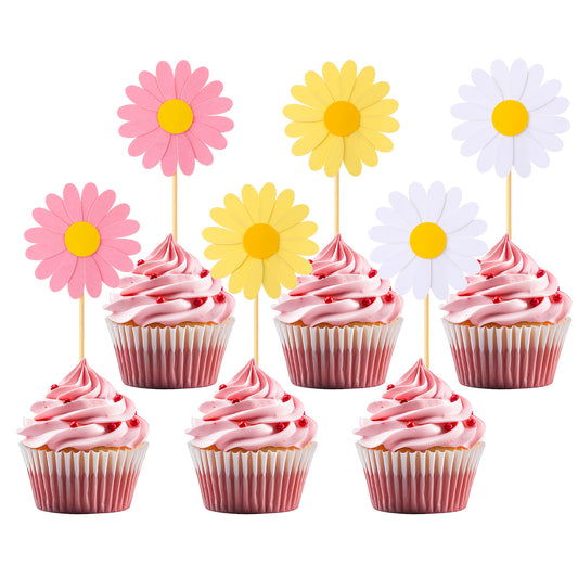 24Pcs Daisy Cupcake Toppers Daisy Cake Decorations Flower Cake Topper, Daisy Cake Picks, Chrysanthemum Toothpicks for Birthday Baby Shower Wedding Favors Supplies