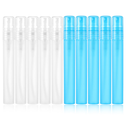 10 Pcs Mini Spray Bottle, 10ml Refillable Perfume Sample Atomizer Bottles with Fine Mist, Portable Travel Pocket Dispenser Container Small Empty Containers, Plastic Cosmetic Dispenser (White, Blue)