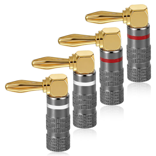 Ezymivs 2 Pairs Right Angle Banana Plugs 90 Degree Gold Plated Connector for Speaker Wire Speaker Bananas Plugs for Speakers Wire Bananas Wall Plate Surround Sound System Home A/V Receiver