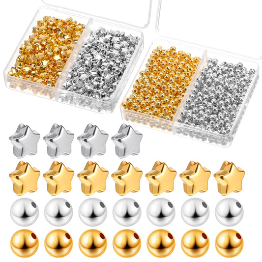 1000 PCS Gold Silver Spacer Beads Set, 400 Star Shape Spacer Beads Star Buttons for Crafts, 600 Round Beads Spacer Beads Large Hole Star Loose Beads Star Spacer Beads for DIY Bracelet Jewelry Making