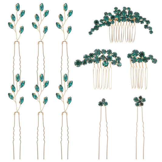 11 Pcs Vintage Emerald Green Headpieces Green Crystal Wedding Hair Pins Bridal Hair Pins Hair Piece U-shaped Hair Pins Wedding Bridal Rhinestone Hair Side Combs Hair Accessories for Brides Women Girls