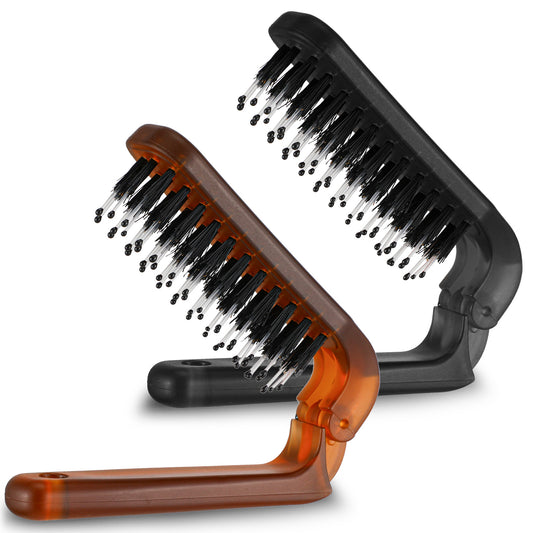 Foldable Hair Brush, 2 Pcs Portable Travel Hair Brush Mini Boar Bristle Hairbrush Anti-Static Pocket Comb Hairstyling Tool for Women Men Thick Thin Straight Curly Wet Dry (Amber, Black)