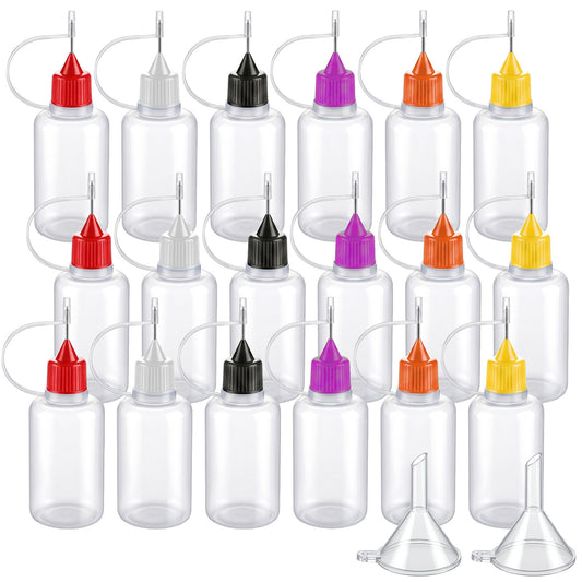 Qulkws 18Pcs Precision Tip Applicator Bottle with 2 Funnel, 10ML Needle Tip Glue Bottles, Glue Dispenser Precision Applicator Bottle for DIY Quilling Paper Craft Acrylic Painting, 6 Color Lids