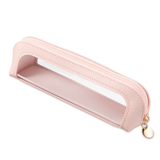Clear Makeup Bags with Zipper, PU Leather Portable Makeup Brush Bag Mini Travel Portable Make up Bag Waterproof Organizer Pouch for Women Home Travel Office Cosmetic Storage(Pink)