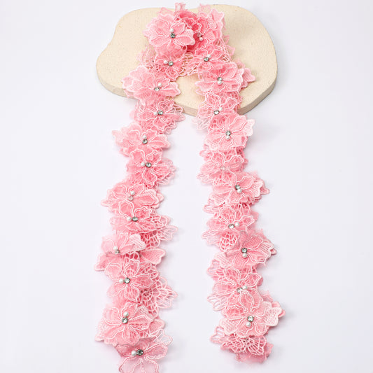 2 Yards 3D Flower Lace Trim Pink Organza Flower Trim Pearl Embroidered Polyester Lace Ribbon Fabric Edging Trimmings Applique for Wedding Dress Handmade DIY Sewing Craft Supplies Decoration