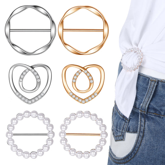 Qulkws 6 Pcs Buckle Ring T Shirt Clip Fashion Metal Round Circle Clip Pearl Scarf Ring Buckle Clips Scarf Clips for Women Clothing Rings Wrap Holder
