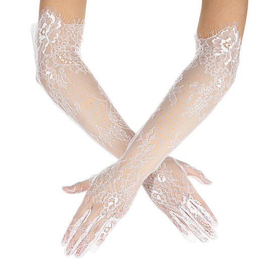 Xelsluthe Women's Long Lace Floral Gloves, Elbow Length Mesh Tulle Sheer Wedding Opera Party Costume Gloves for Wedding Engagement Cocktail Cosplay Masquerade White