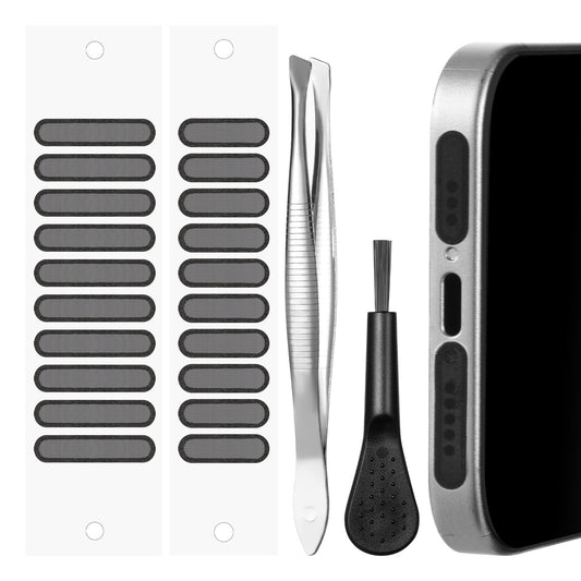 KALIONE 120Pcs Phone Speaker Cover, Universal Phone Speaker Dustproof Stickers with Cleaning Brush and Tweezer, Black Speakers Dust Protector Cover