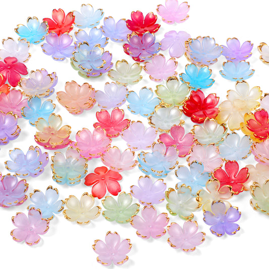 100 Pcs Flower Beads for Bracelets, 19mm Cute Acrylic Flower Beads Colorful Cherry Blossom Bead Gradient Gold Edge Floral Bead for Jewelry Making DIY Crafts Bracelet Necklace Earrings