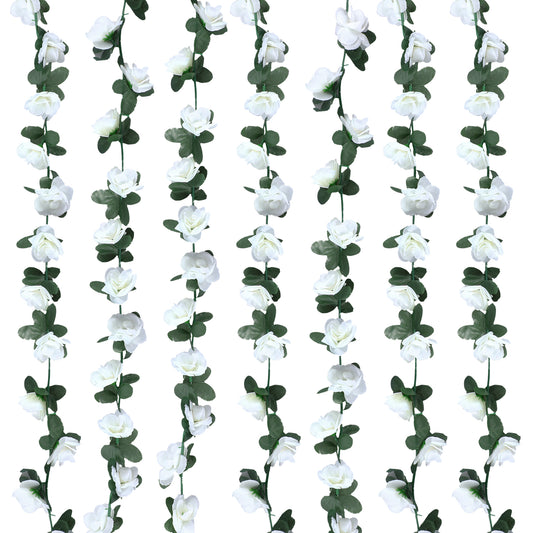 Artificial Flowers Garlands 5 Meters Fake Flower Garland Artificial Flowers Hanging Decoration, 2 Strands Floral Vine Plant Garland Hanging Rose for Wedding Wall Party Garden Bedroom Table(White)