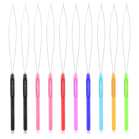 10 PCS Plastic Hair Extension Loop Needle Threader Pulling Hook Tool Wire Pulling Hook Tool and Bead Device Micro Links Kit for Hair and Feather Extensions (Multicolored)