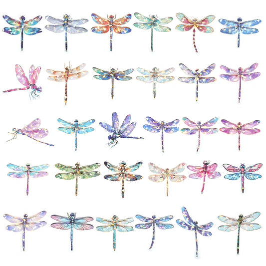 30Pcs Sparkly Dragonfly Stickers PET Transparent Stickers Nature Decals Clear PET Glitter Waterproof Holographic Insect Sticker for Scrapbook Journal Collage Resin Craft Planner Water Bottles