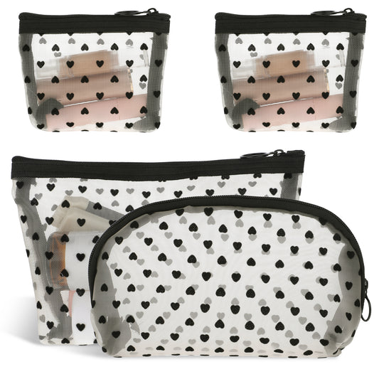 4 Pcs Heart Print Mesh Makeup Bags, Mesh Makeup Bag with Zipper Portable Mesh Storage Organizer Travel Cosmetic Accessories for Women Home Office Travel