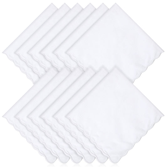 FdcLixuvol 12 Pcs White Handkerchief, Women's Men's Handkerchiefs Soft Scalloped Edge Handkerchiefs, Small Pocket Squares Hankies Handkerchief for Wedding Party Gift Embroidery (11 x 11 Inch)
