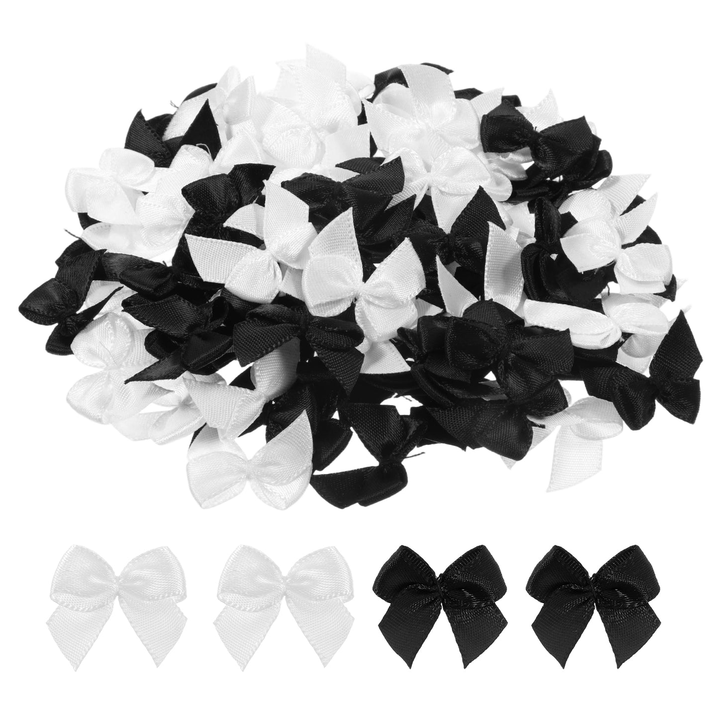 Small Bows for Crafts, 100 Pcs White and Black Mini Bows Satin Ribbon Bow Tiny Craft Bows for DIY Sewing Gift Wrapping Basket Wedding Birthday Christmas Party Scrapbooking Decoration