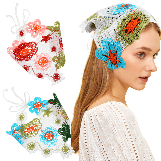 2 Pcs Crochet Headband, Floral Hair Bandana Cute Flowers Hairbands Crochet Triangle Head Scarf Tie Knitted Headscarf Hair Accessories for Women Girls
