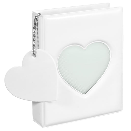 Mini Photocard Binder, 3 Inch White Photocard Book Mini Photo Album Heart Hollow Card Binder with 32 Pockets and Pendant