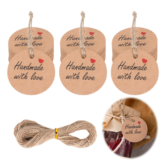 100Pcs Handmade with Love Tags Kraft Paper Gift Tags with String Made with Love Gift Wrap Tags 1.2” Round Brown Label Tags Personalized Tags for Home Made Crafts Candle Wedding Birthday Party Favors