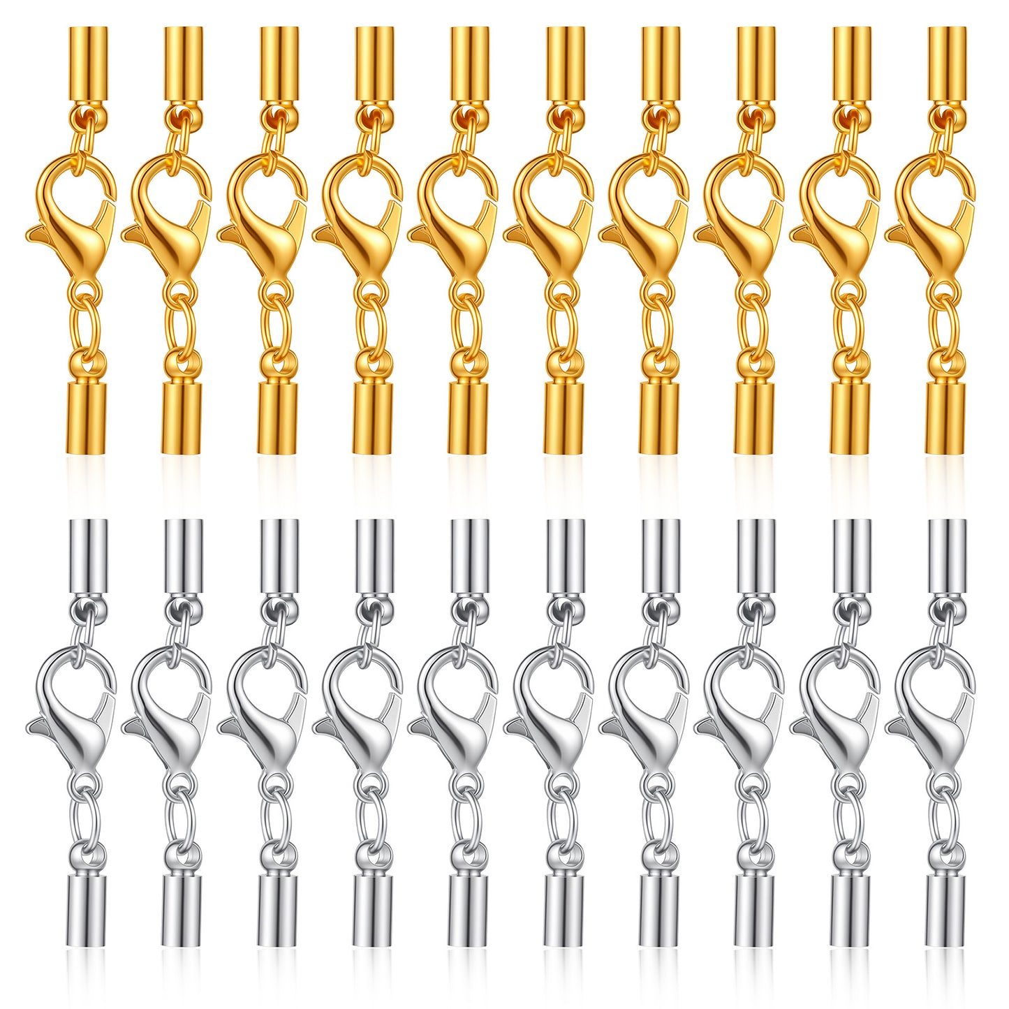20 Pcs Lobster Claw Clasps with Cord Ends Gold Silver Jewelry Connector Clasp for Leather Cord DIY Bracelets Necklace Jewelry Making (30 x 4 mm)