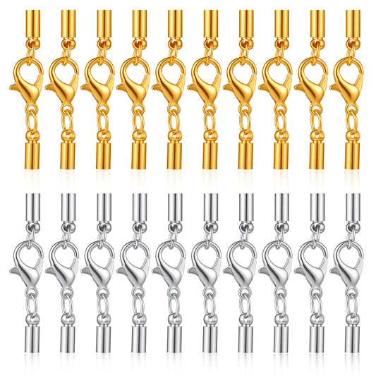 20 Pcs Lobster Claw Clasps with Cord Ends Gold Silver Jewelry Connector Clasp for Leather Cord DIY Bracelets Necklace Jewelry Making (30 x 4 mm)