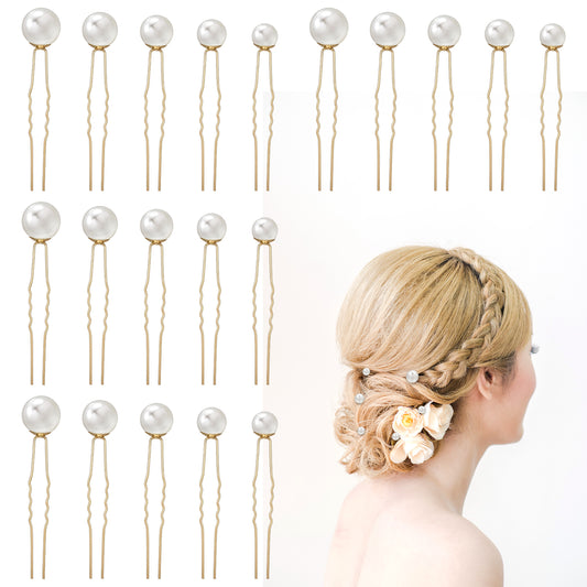 18Pcs Pearl Hair Pins U Shaped Wedding Hair Accessories Different Size Pearl Bobby Pins Hairs Clips for Brides Bridesmaids Women, Gold