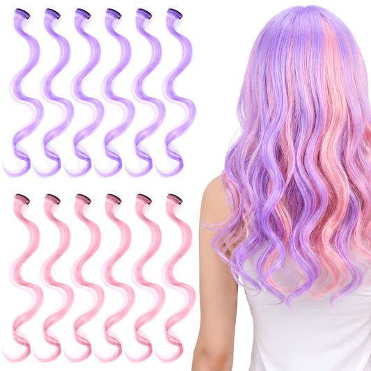 12 Pcs Clip in Hair Extensions, 18.5 Inch Long Colored Curly Wavy Synthetic Hairpieces Hair Streaks for Women, Party Highlights, Halloween Cosplay Dress up, Hairs Accessories Gift (Purple, Pink)